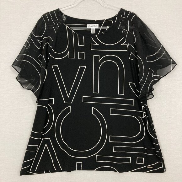Calvin Klein Black White Round Neck Letter Print Stretch Mesh Sleeve Top 1X - Picture 1 of 9